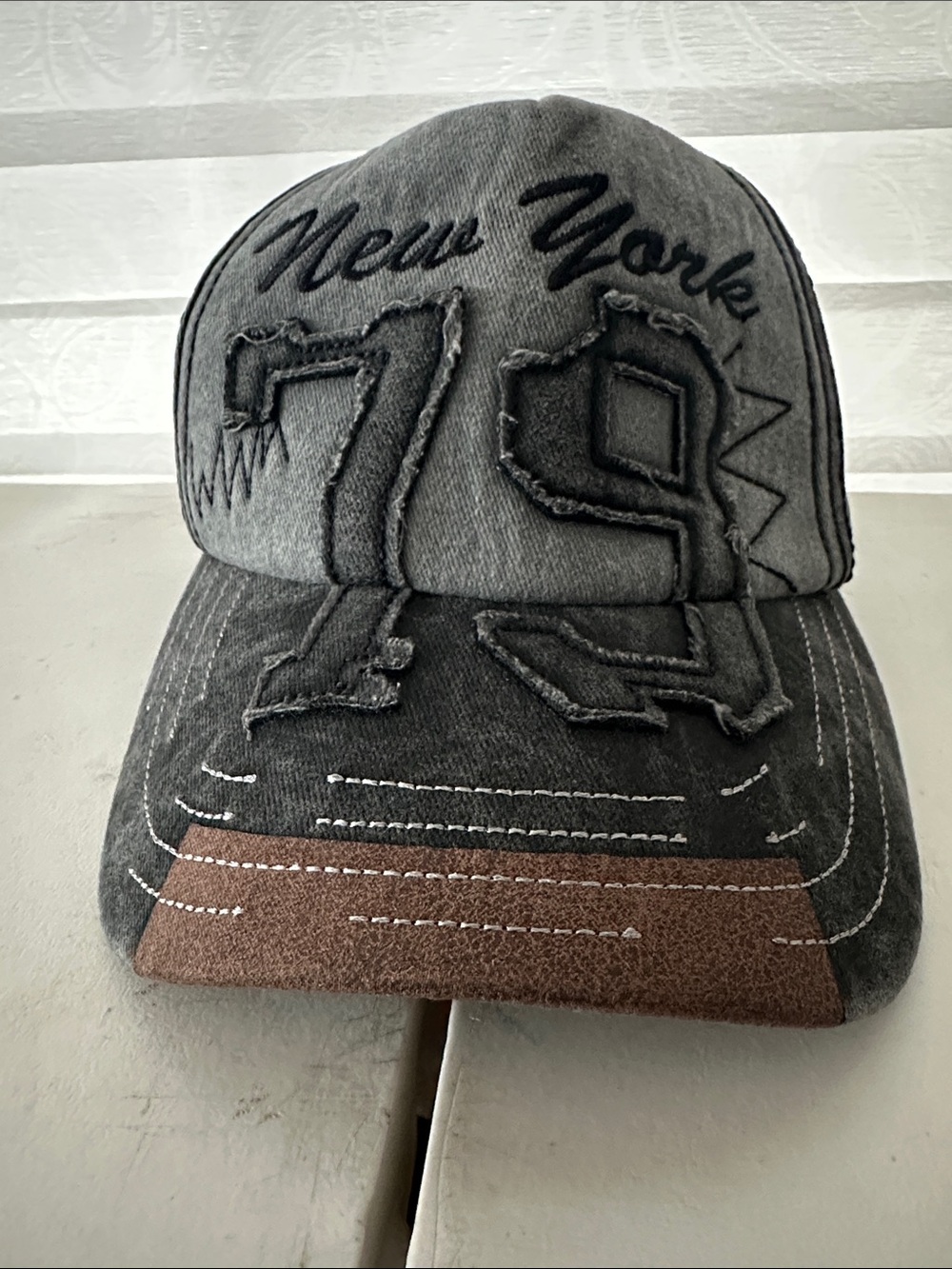 New York 79 Embroidered Baseball Cap - Gray with Brown Brim
